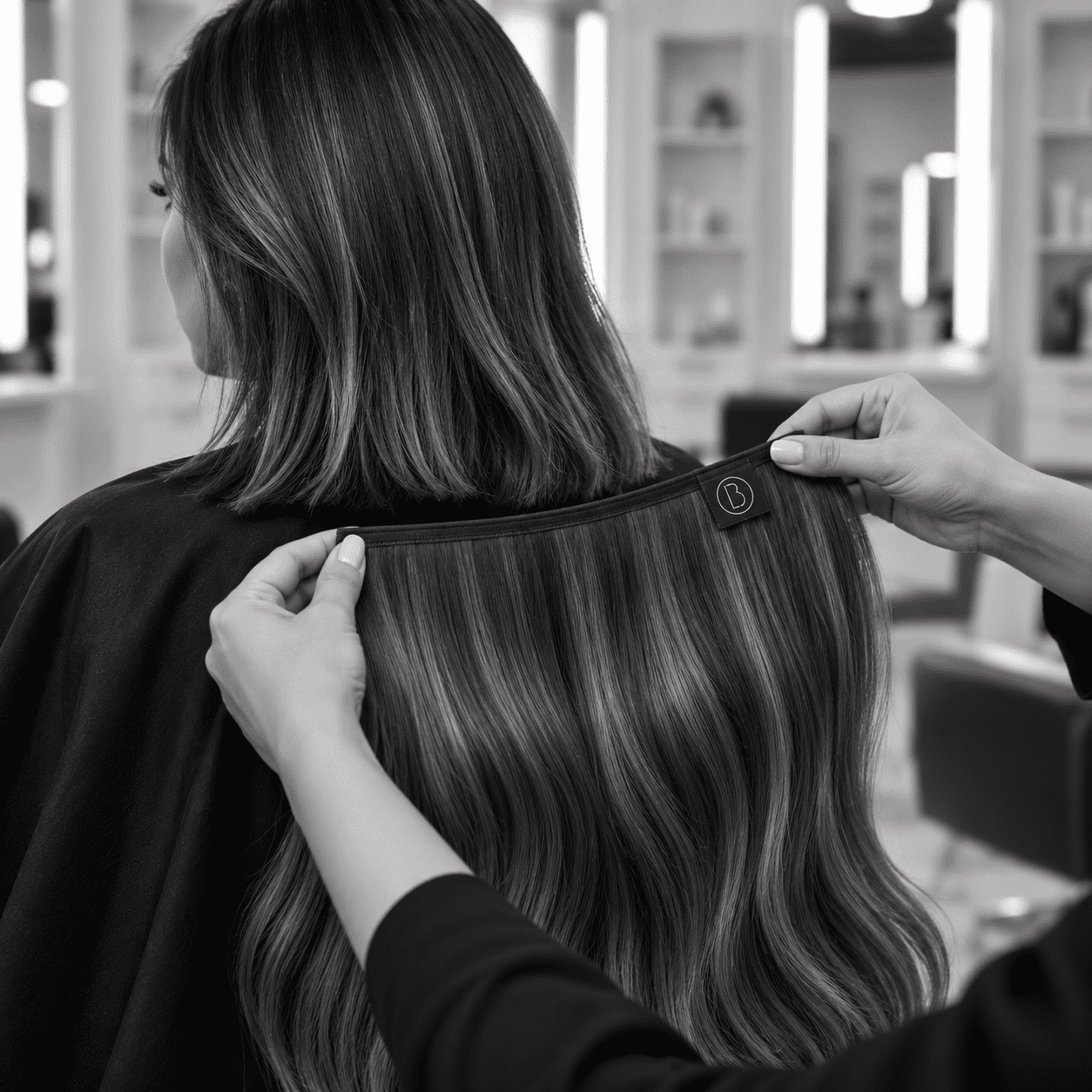 Woman in salon trying on hair extensions, stylist holding extensions against her natural hair.