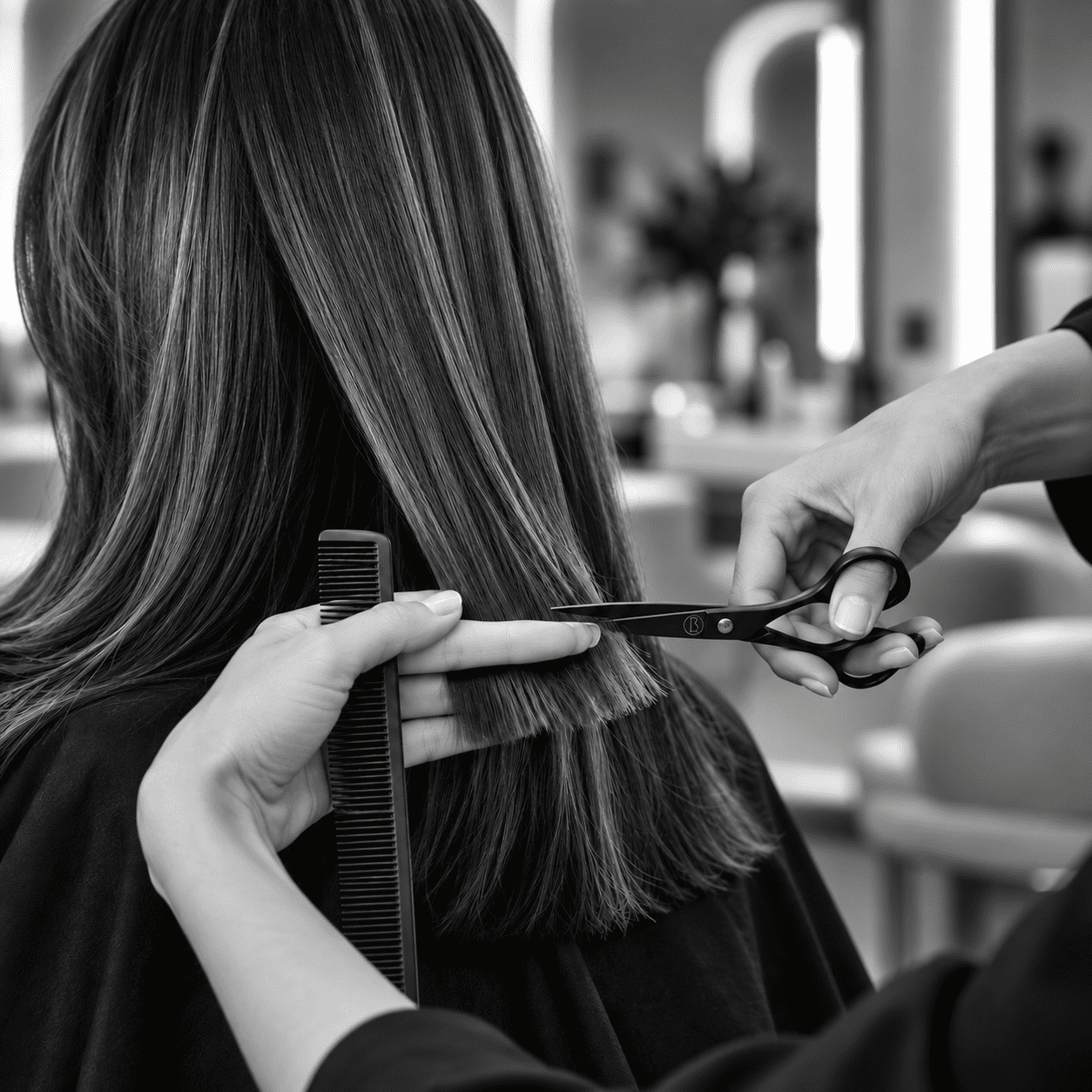 Hairdresser trims client's long, straight hair in a salon, showcasing precise hairstyling technique.