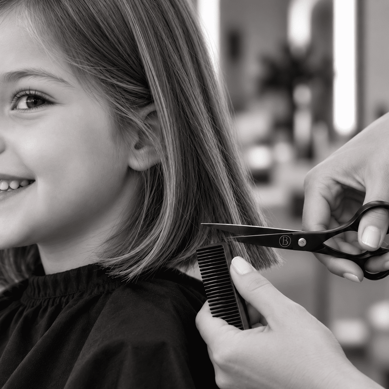 Child getting a haircut in a salon. Smiling with a comb and scissors visible.