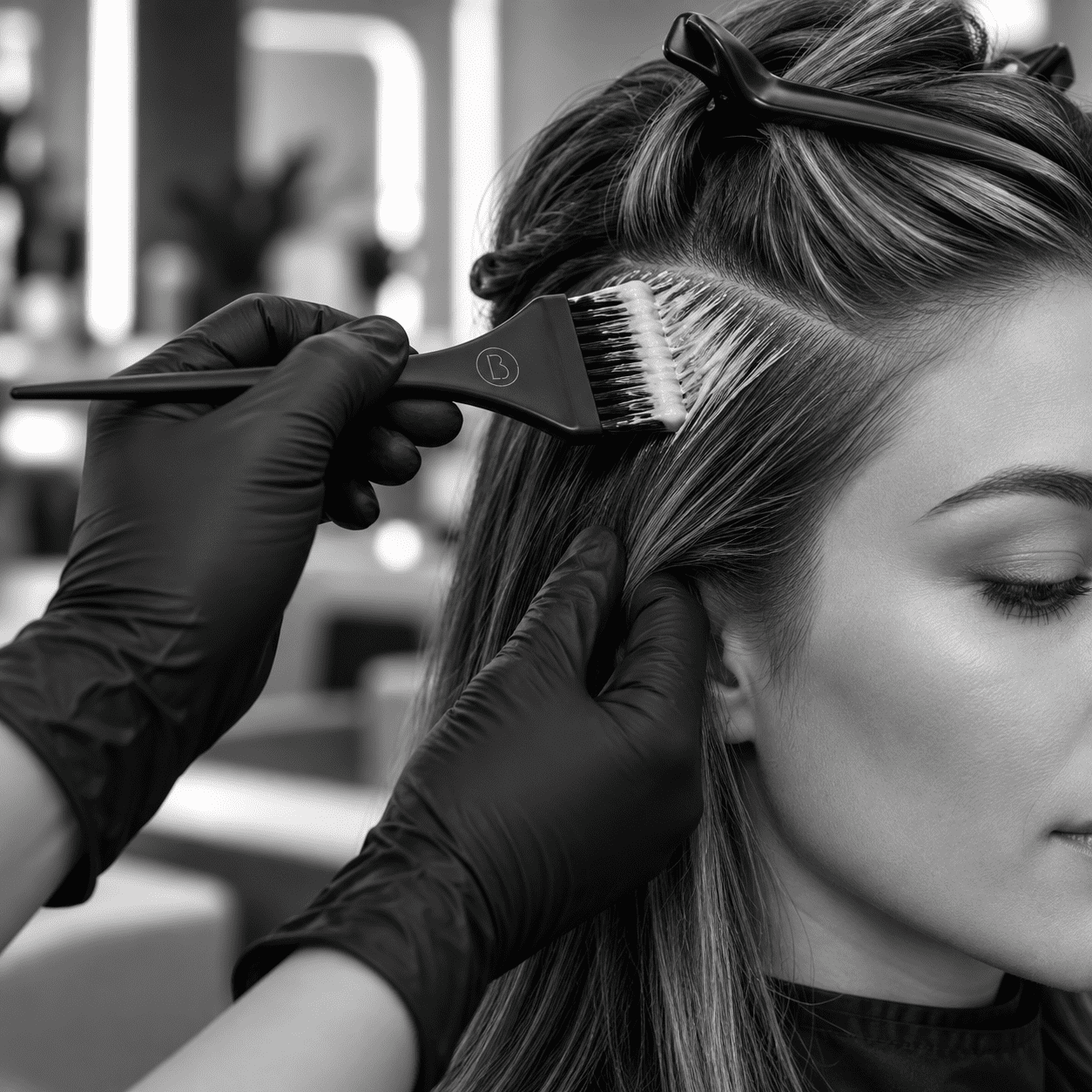 Hairdresser applying dye to a woman's hair with a brush in a salon setting.