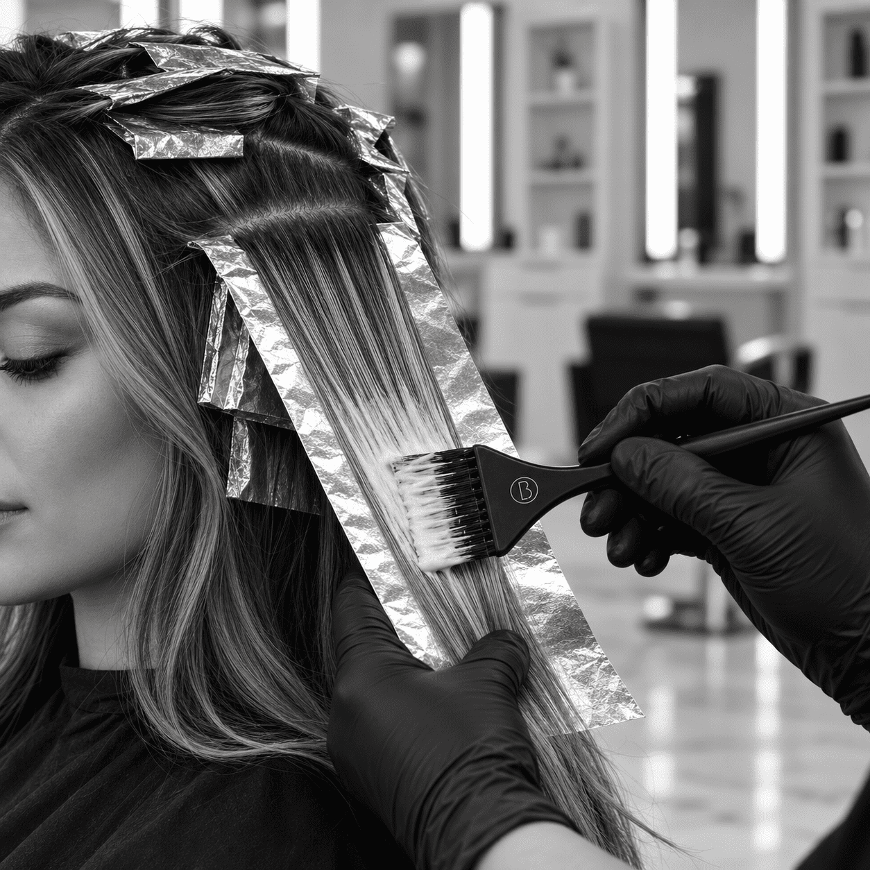 Hairdresser applying highlights with foil in a salon.