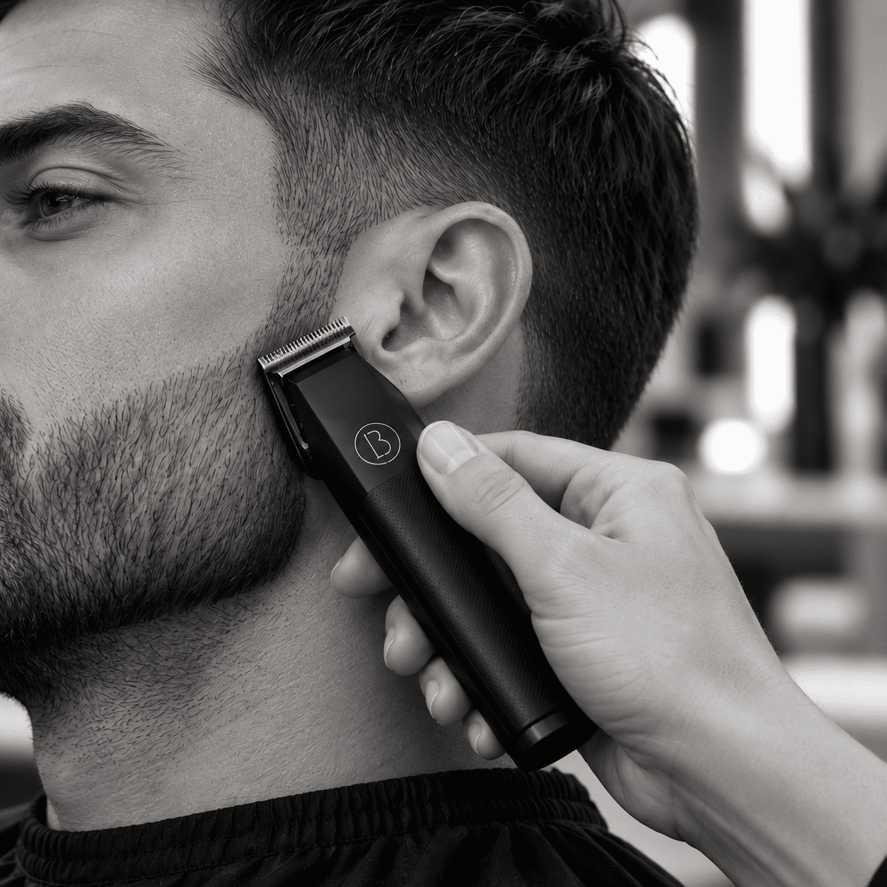 Man receiving a beard trim with an electric clipper in a barbershop setting.