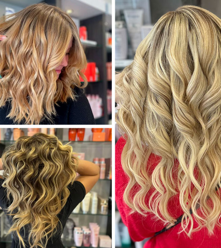 Collage of balayage, blowout, and hair extension styles at Beauty Lounge.